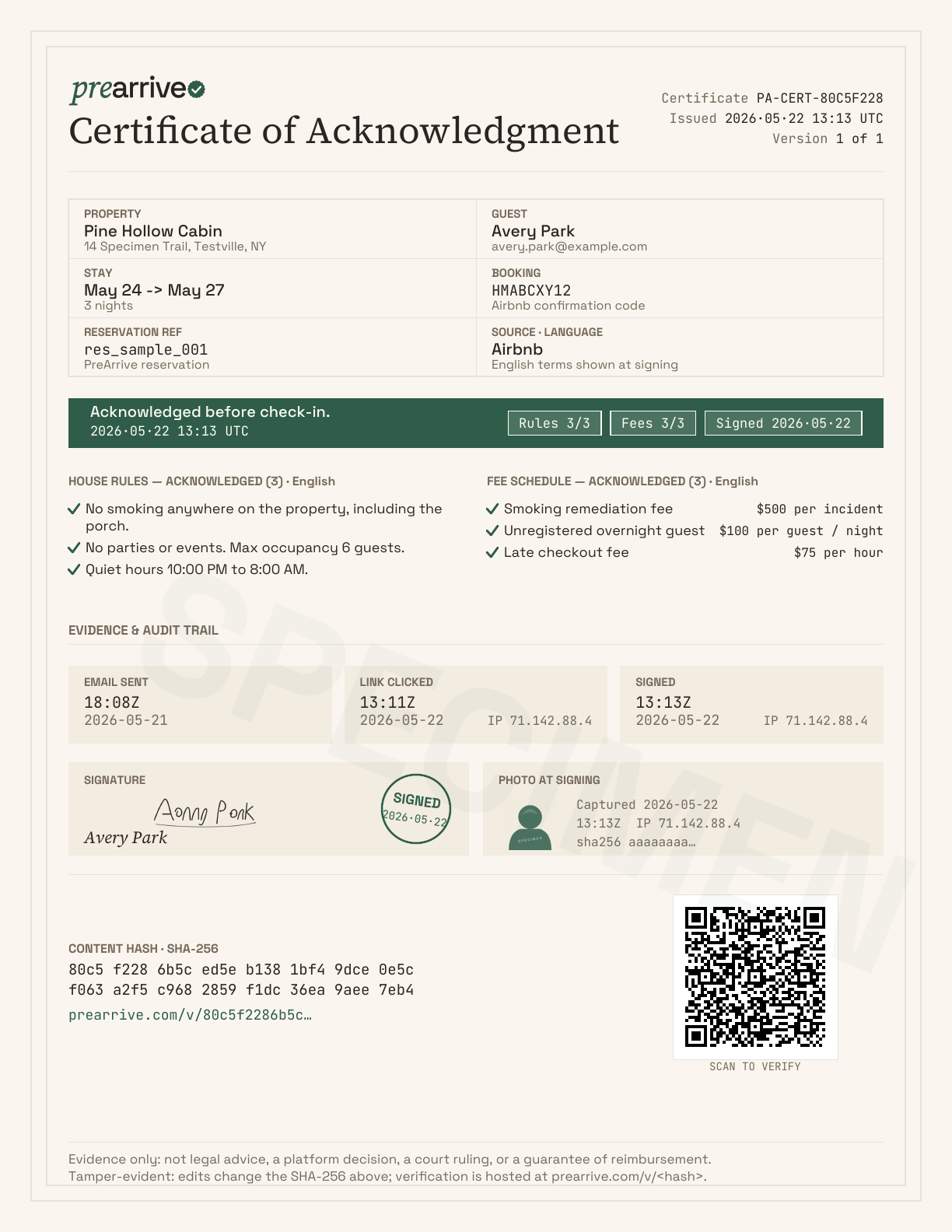 Page 1 of a PreArrive signed-acknowledgment certificate — vellum paper, double border, signed sample